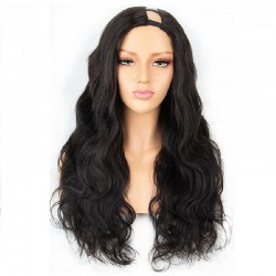 U-Part Wig, Body Wave, Color #1B (Off Black), Made With Remy Indian Human Hair