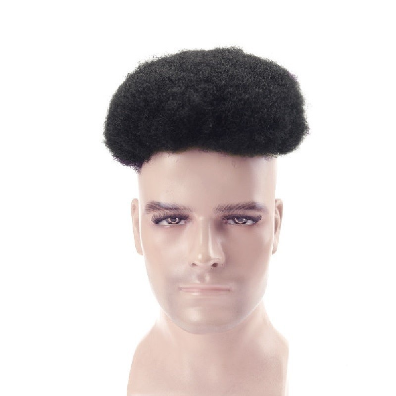 Men’s Wig - Toupee, Afro Curl, Fine Mono with NPU and Lace Front Base, Color #1 (Jet Black), Made With Remy Indian Hair