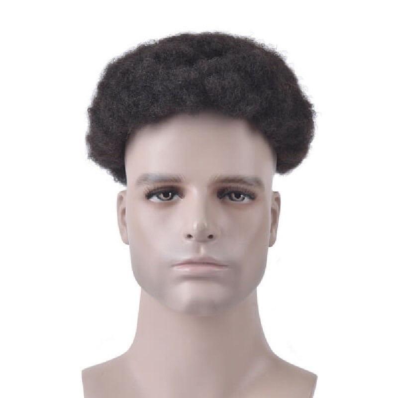 Men’s Wig - Toupee, Afro Curl, Fine Mono with NPU and Lace Front Base, Color #1A (Black), Made With Remy Indian Hair