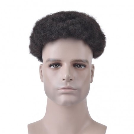 Men’s Wig - Toupee, Afro Curl, Fine Mono with NPU and Lace Front Base, Color #1A (Black), Made With Remy Indian Hair