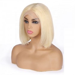 Lace Front Wig, Short Length, 10", Bob Cut, Color #613 (Platinum Blonde), Made With Remy Indian Human Hair