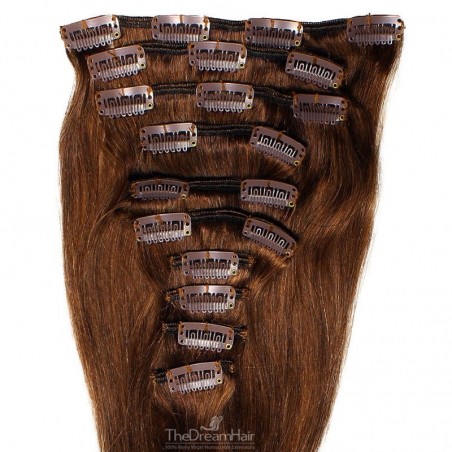 Set of 10 Pieces of Weft, Clip in Hair Extensions, Color #4 (Dark Brown), Made With Remy Indian Human Hair