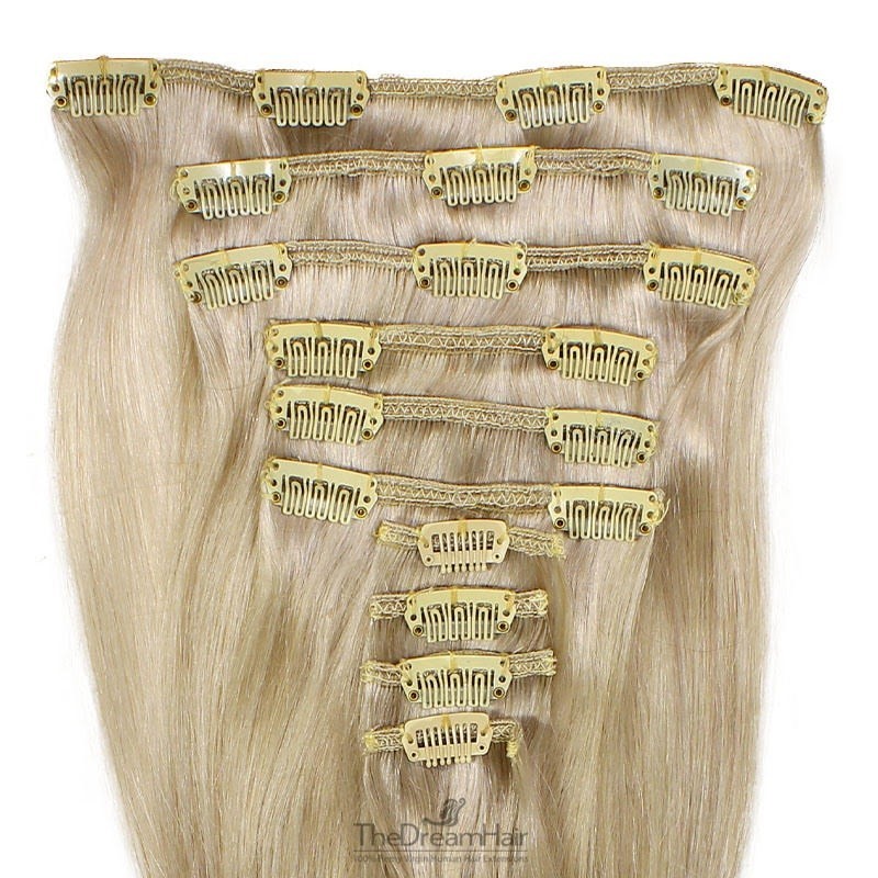 Set of 10 Pieces of Weft, Clip in Hair Extensions, Color #22 (Light Pale Blonde), Made With Remy Indian Human Hair