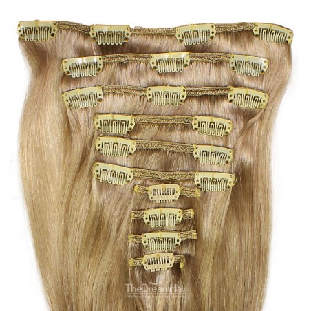 Set of 10 Pieces of Weft, Clip in Hair Extensions, Color #14 (Dark Ash Blonde), Made With Remy Indian Human Hair