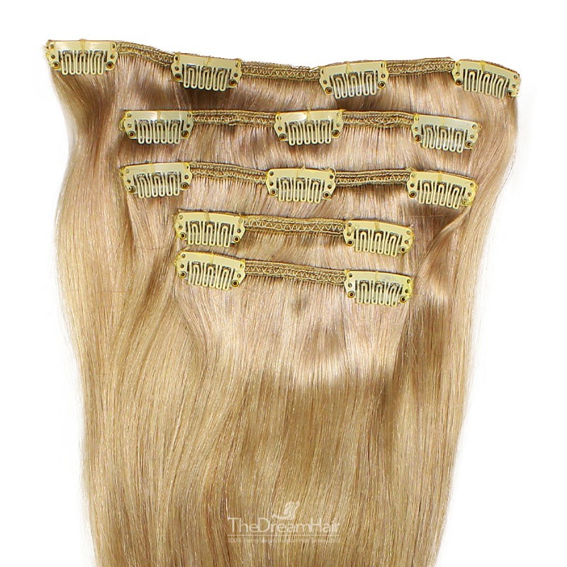 Set of 5 Pieces of Weft, Clip in Hair Extensions, Color #16 (Medium Ash Blonde), Made With Remy Indian Human Hair