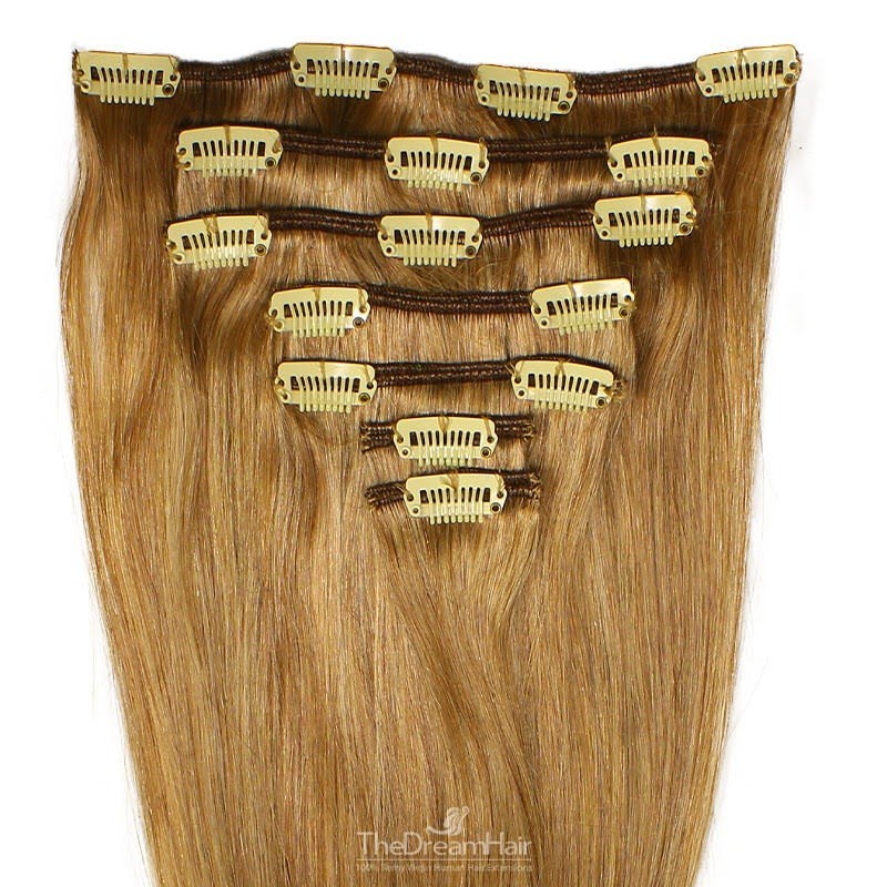 7-Piece Single Weft Clip-In Hair Extensions – Light Brown (Color 12)