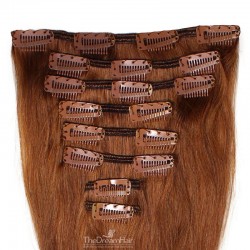 Set of 8 Pieces of Weft, Clip in Hair Extensions, Color #30 (Dark Auburn), Made With Remy Indian Human Hair