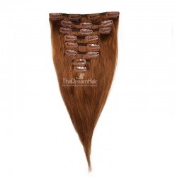 Set of 8 Pieces of Weft, Clip in Hair Extensions, Color #30 (Dark Auburn), Made With Remy Indian Human Hair