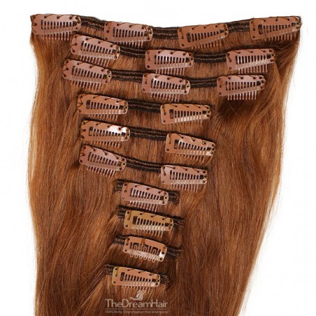 Set of 10 Pieces of Weft, Clip in Hair Extensions, Color #33 (Auburn), Made With Remy Indian Human Hair