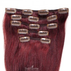 Set of 5 Pieces of Weft, Clip in Hair Extensions, Color #99j (Burgundy), Made With Remy Indian Human Hair