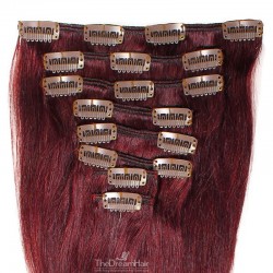 Set of 8 Pieces of Weft, Clip in Hair Extensions, Color #99j (Burgundy), Made With Remy Indian Human Hair