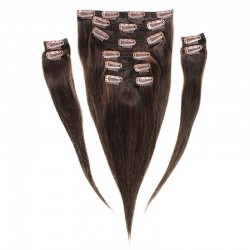 Set of 10 Pieces of Double Weft, Clip in Hair Extensions, Color #2 (Darkest Brown), Made With Remy Indian Human Hair