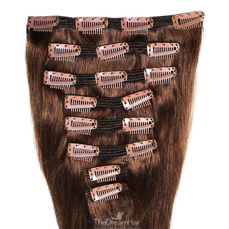 Set of 8 Pieces of Double Weft, Clip in Hair Extensions, Color #4 (Dark Brown), Made With Remy Indian Human Hair