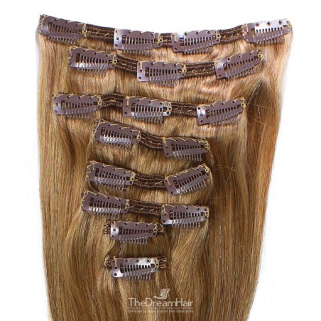 Set of 8 Pieces of Double Weft, Clip in Hair Extensions, Color #10 (Golden Brown), Made With Remy Indian Human Hair