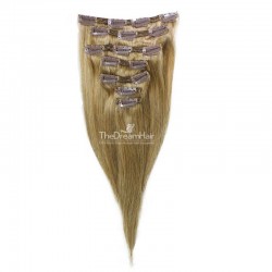 Set of 7 Pieces of Double Weft, Clip in Hair Extensions, Color #16 (Medium Ash Blonde), Made With Remy Indian Human Hair