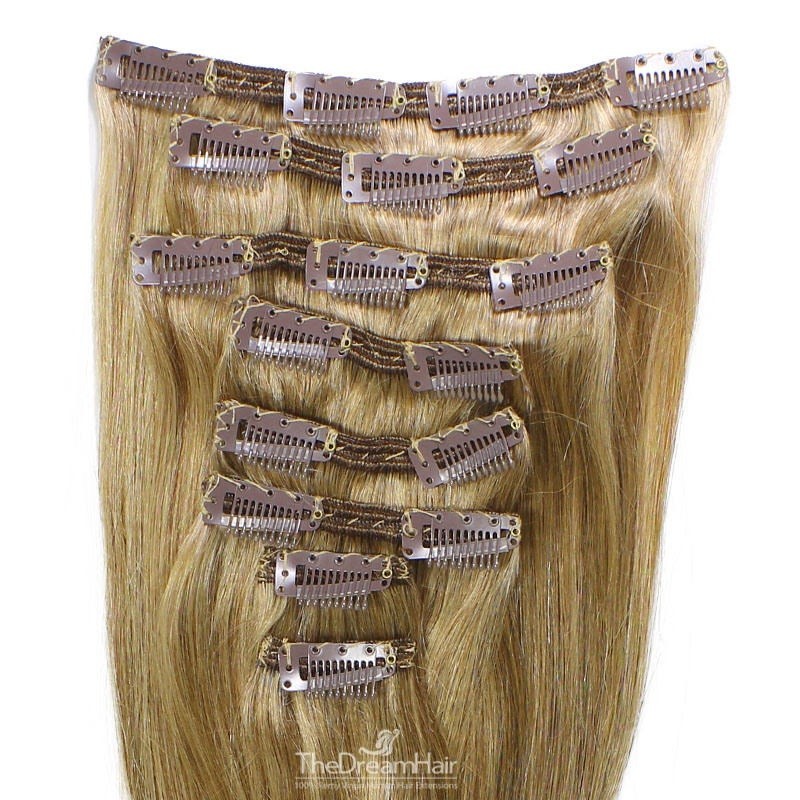 Set of 8 Pieces of Double Weft, Clip in Hair Extensions, Color #16 (Medium Ash Blonde), Made With Remy Indian Human Hair