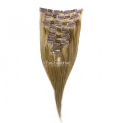 Set of 8 Pieces of Double Weft, Clip in Hair Extensions, Color #16 (Medium Ash Blonde), Made With Remy Indian Human Hair