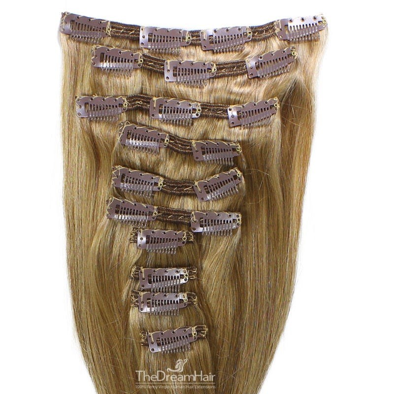 Set of 10 Pieces of Double Weft, Clip in Hair Extensions, Color #14 (Dark Ash Blonde), Made With Remy Indian Human Hair