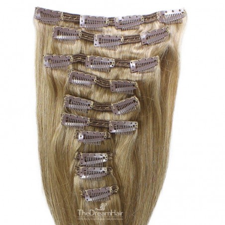 Set of 10 Pieces of Double Weft, Clip in Hair Extensions, Color #18 (Light Ash Blonde), Made With Remy Indian Human Hair