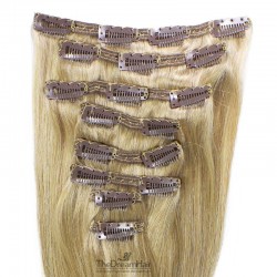 Set of 8 Pieces of Double Weft, Clip in Hair Extensions, Color #22 (Light Pale Blonde), Made With Remy Indian Human Hair