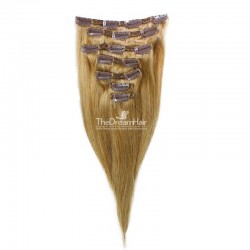 Set of 7 Pieces of Double Weft, Clip in Hair Extensions, Color #27 (Honey Blonde), Made With Remy Indian Human Hair