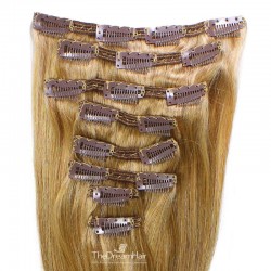 Set of 8 Pieces of Double Weft, Clip in Hair Extensions, Color #27 (Honey Blonde), Made With Remy Indian Human Hair