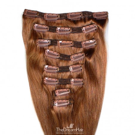 Set of 8 Pieces of Double Weft, Clip in Hair Extensions, Color #30 (Dark Auburn), Made With Remy Indian Human Hair