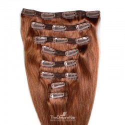 Set of 8 Pieces of Double Weft, Clip in Hair Extensions, Color #33 (Auburn), Made With Remy Indian Human Hair