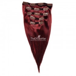 Set of 5 Pieces of Double Weft, Clip in Hair Extensions, Color #99j (Burgundy), Made With Remy Indian Human Hair