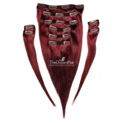 Set of 10 Pieces of Double Weft, Clip in Hair Extensions, Color #99j (Burgundy), Made With Remy Indian Human Hair