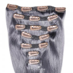 Set of 7 Pieces of Double Weft, Clip in Hair Extensions, Color Silver, Made With Remy Indian Human Hair